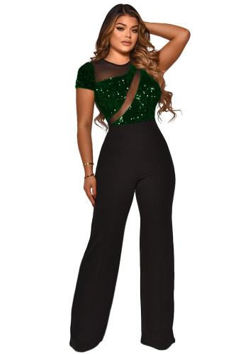 Women Irregular Sequin Patchwork Short Sleeve Jumpsuit