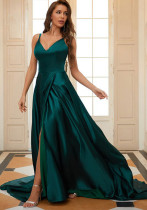 Women Satin V Neck Slit Formal Party Evening Dress（Processing time need 3-6 days）