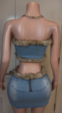 Women Plush Strapless Top and Bodycon Skirt Denim Two Piece Set