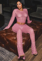 Women Sexy Lace Ripped See-Through Long Sleeve Crop Top and Pants Two Piece Set