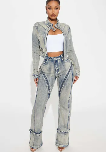 Women Spring Sexy Stretch Washed Zipper Denim Jacket Top and PantsTwo Piece Set