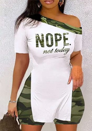 Women Camouflage Off Shoulder T-Shirt Shorts Two Piece Set