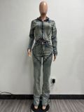 Women Spring Sexy Stretch Washed Zipper Denim Jacket Top and PantsTwo Piece Set