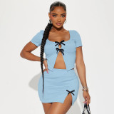 Women Spring Bowknot Hollow Crop Top and Skirt Two Piece Set