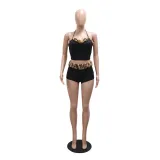Women Sexy Lace Leopard Patchwork Crop Top and Shorts Two Piece Set