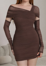 Sexy Low Back Mesh Bodycon Ruched Short Dress with Sleeves