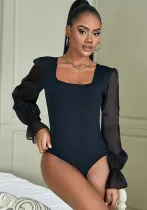 Spring & Autumn Women's Solid Color Slim-Fit Square Neck Mesh Long-Sleeve Bodysuit