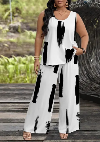 Plus Size Women's Loose Sleeveless Round Neck Top Casual Straight-Leg Pants Set