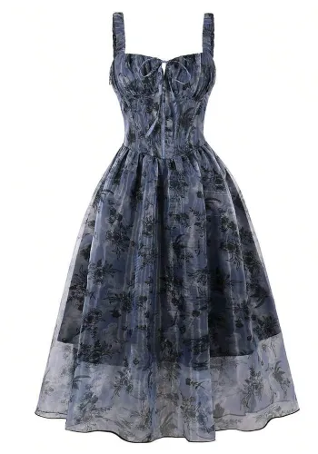 Women's Mesh Strapless Low Back High Waist Blue Chic Retro A-line Dress