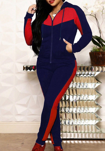 Spring Autumn & Winter Plus Size Women's Color Block Hooded Top Long Pants Casual Two Piece Set