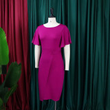 Women's Summer Solid Color High Waist Chic Career Ruffle Sleeve Office Dress