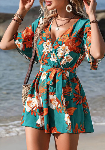 Beach Holiday Style Ruffle Sleeve Cross Neck Belted Shorts Jumpsuit