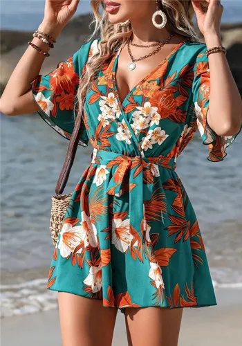 Beach Holiday Style Ruffle Sleeve Cross Neck Belted Shorts Jumpsuit