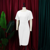 Women's Summer Solid Color High Waist Chic Career Ruffle Sleeve Office Dress
