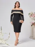 Plus Size Women's Fashion Chic Elegant Off-Shoulder Sequin Long-Sleeve Bodycon Dress