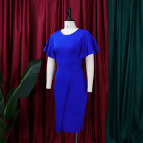 Women's Summer Solid Color High Waist Chic Career Ruffle Sleeve Office Dress