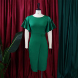 Women's Summer Solid Color High Waist Chic Career Ruffle Sleeve Office Dress