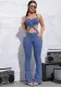Sexy  Low Back Denim Crop Top High Waist Pants Set