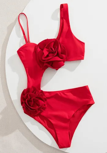 3D Flower DesignSolid Color One-Shoulder Cutout One-Piece Swimsuit
