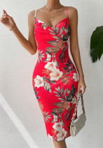 Sexy Women's Side Slit Print Strap Mid Dress