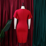 Women's Summer Solid Color High Waist Chic Career Ruffle Sleeve Office Dress