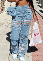Street Ripped Pocket Patchwork Denim Straight-Leg Pants