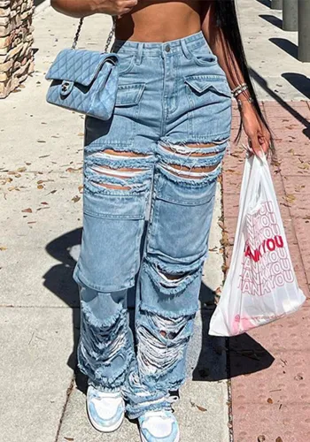 Street Ripped Pocket Patchwork Denim Straight-Leg Pants