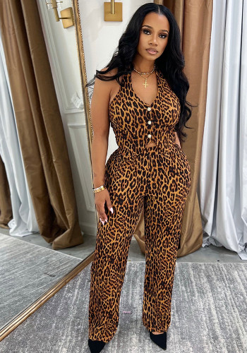 Fashion Leopard Print Sexy Sleeveless Two Piece Loose Pants Set
