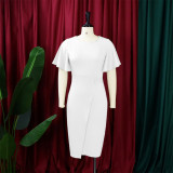 Women's Summer Solid Color High Waist Chic Career Ruffle Sleeve Office Dress