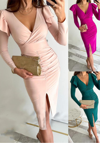 V-Neck Chic Slim Waist Slit Solid Color Long-Sleeve Midi Dress