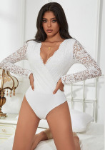 Deep V neck Slim-Fit Long-Sleeve Lace Bodysuit