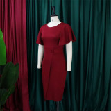 Women's Summer Solid Color High Waist Chic Career Ruffle Sleeve Office Dress
