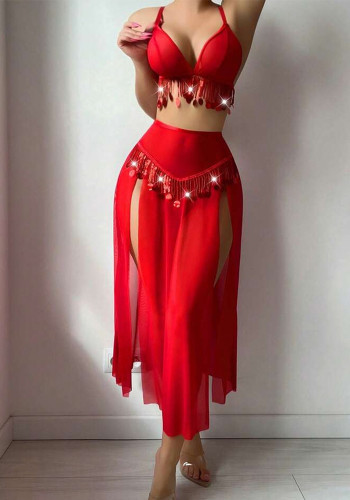 Sheer Metal Sequin Red Sexy Lingerie Set