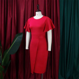 Women's Summer Solid Color High Waist Chic Career Ruffle Sleeve Office Dress