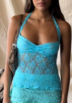 Spring & Summer Lace Patchwork Halter Neck Top Sexy See-Through Camisole