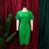 Women's Summer Solid Color High Waist Chic Career Ruffle Sleeve Office Dress