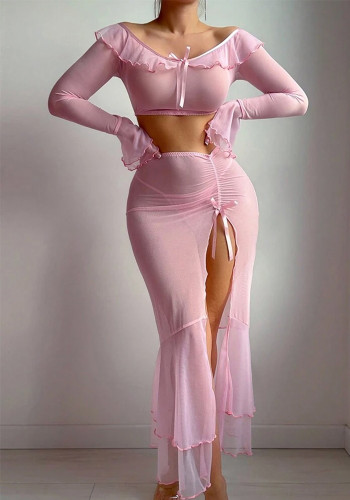 See Through Mesh Long-Sleeve Sexy Crop Top Slit Skirt Set