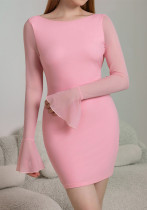Mesh Bell Sleeve Sexy Low Back Bow Detail Short Dress