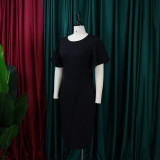 Women's Summer Solid Color High Waist Chic Career Ruffle Sleeve Office Dress