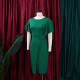 Women's Summer Solid Color High Waist Chic Career Ruffle Sleeve Office Dress