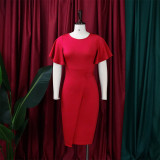 Women's Summer Solid Color High Waist Chic Career Ruffle Sleeve Office Dress