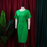 Women's Summer Solid Color High Waist Chic Career Ruffle Sleeve Office Dress