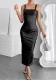 Spring & Summer Fashion Strappy Slim Waist Bodycon Back Slit Midi PU Dress