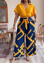 Plus Size Women's Casual Slim Waist Top Wide-Leg Pants Set