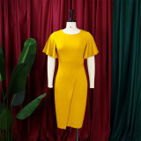 Women's Summer Solid Color High Waist Chic Career Ruffle Sleeve Office Dress