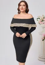 Plus Size Women's Fashion Chic Elegant Off-Shoulder Sequin Long-Sleeve Bodycon Dress