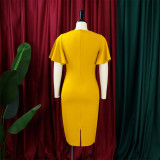 Women's Summer Solid Color High Waist Chic Career Ruffle Sleeve Office Dress