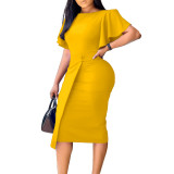 Women's Summer Solid Color High Waist Chic Career Ruffle Sleeve Office Dress