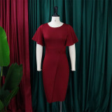 Women's Summer Solid Color High Waist Chic Career Ruffle Sleeve Office Dress