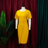 Women's Summer Solid Color High Waist Chic Career Ruffle Sleeve Office Dress